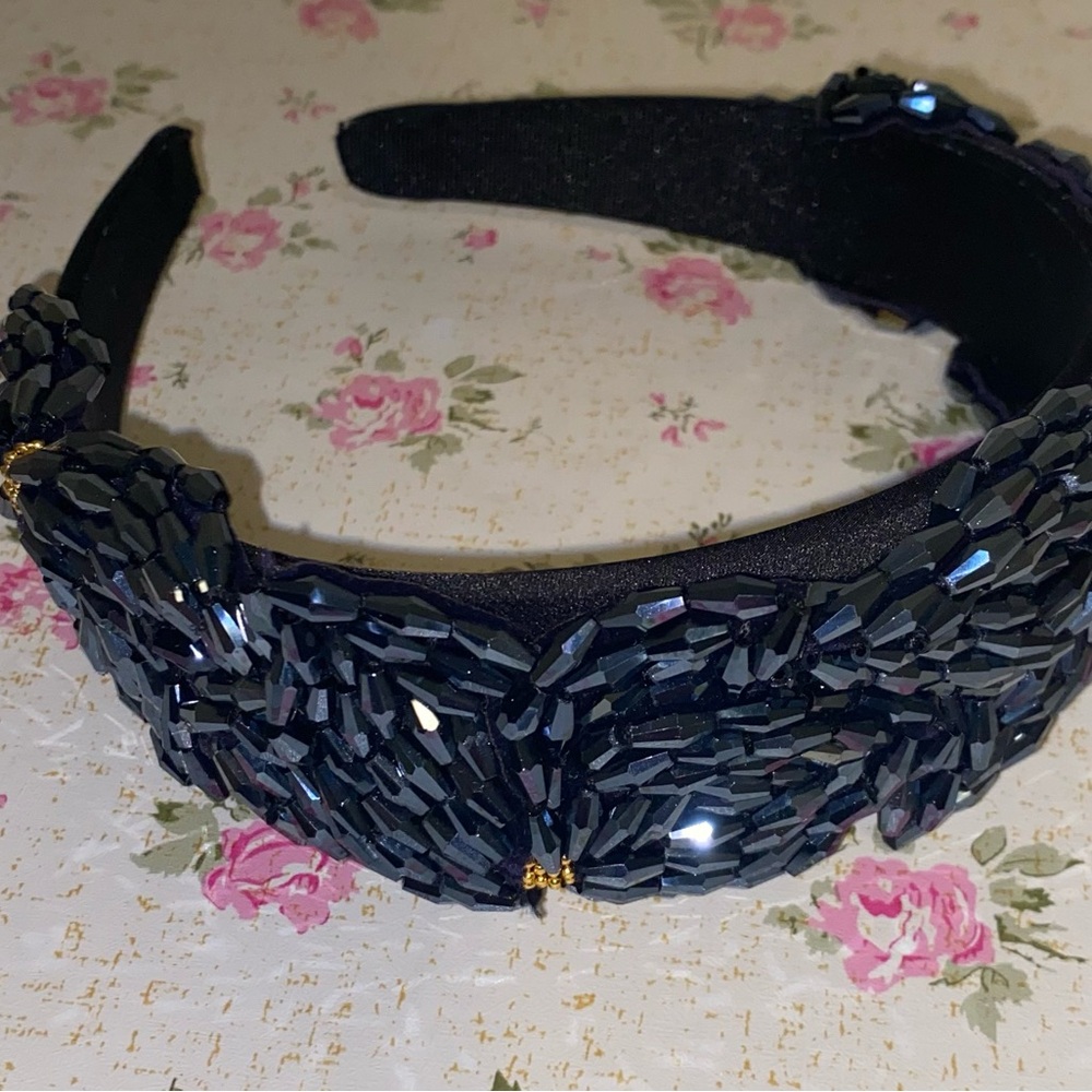 Elegant Black Blue Beaded Headband